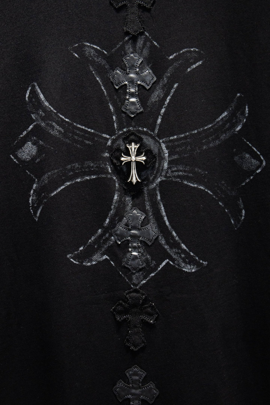 Black T-shirt with detailed cross and sword graphic