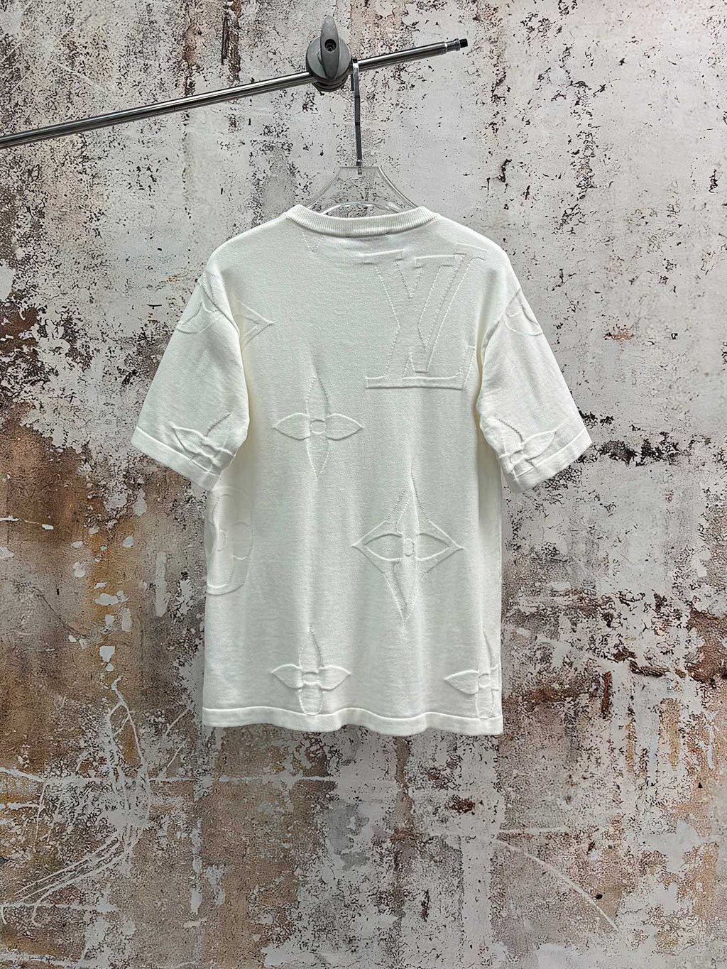 White crewneck T-shirt with allover line icon print, back view