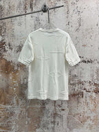 White crewneck T-shirt with allover line icon print, back view