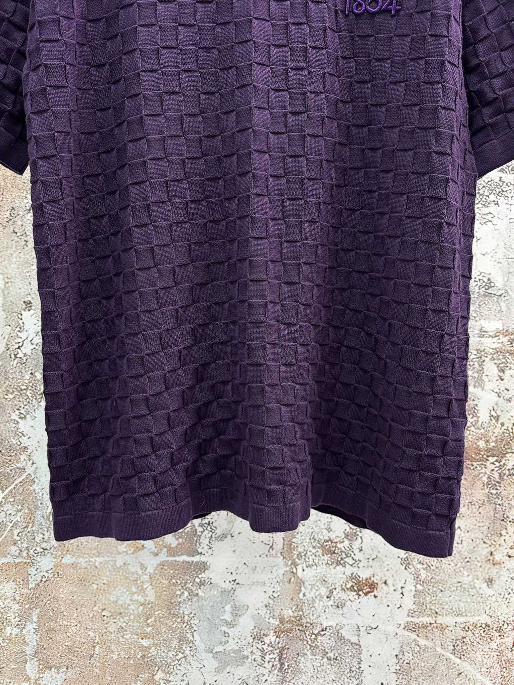 Purple textured knit crewneck T-shirt hem and back view