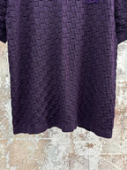 Purple textured knit crewneck T-shirt hem and back view