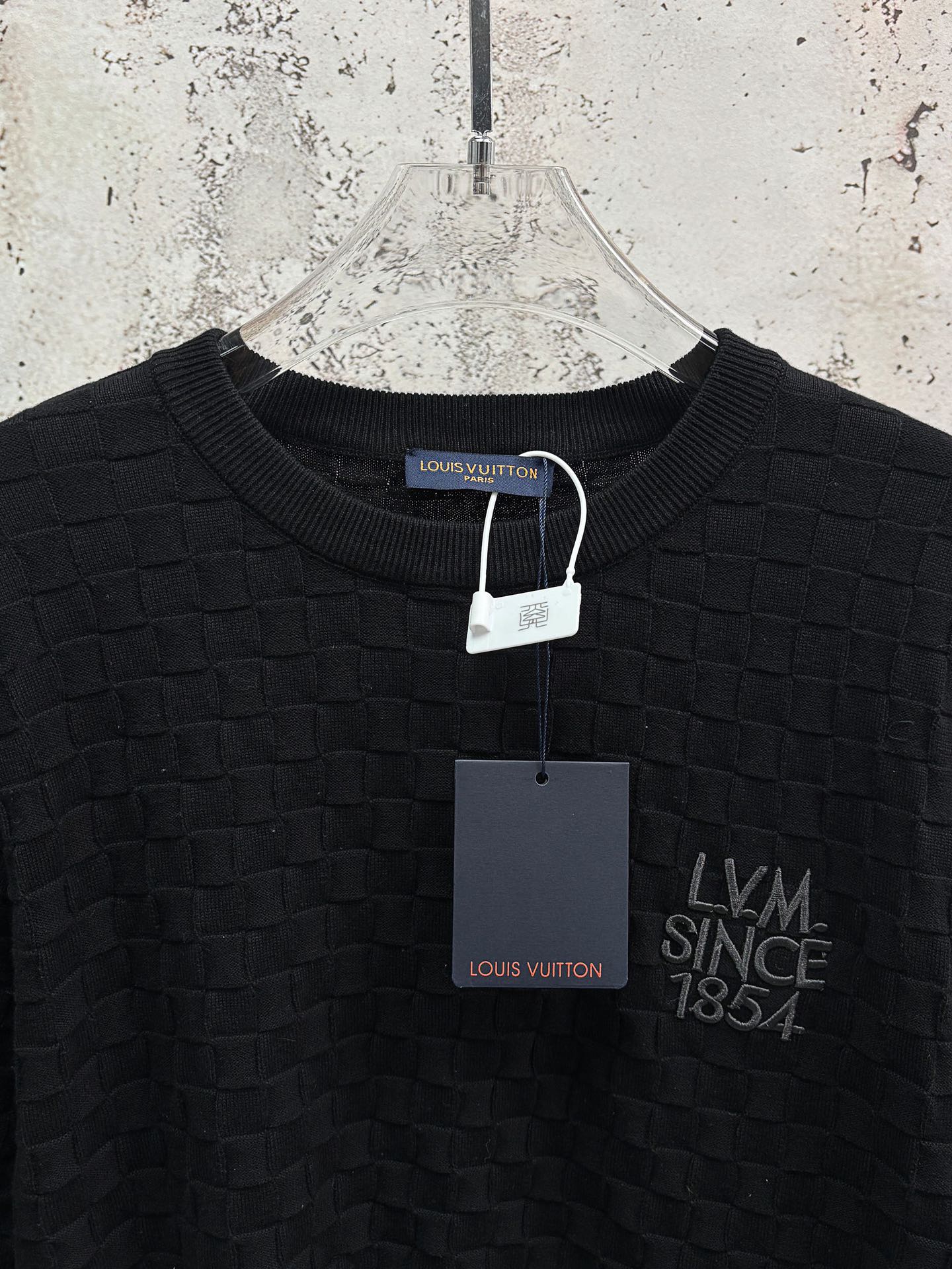 Louis Vuitton black textured knit T-shirt with LV Since 1854 logo and hang tag