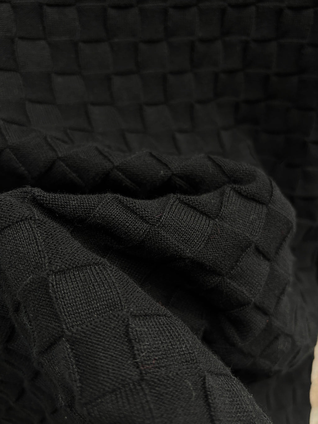 Louis Vuitton black textured knit T-shirt fabric with raised square stitch pattern