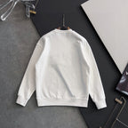 White sweatshirt back view with crew neckline, hanging on a wooden hanger