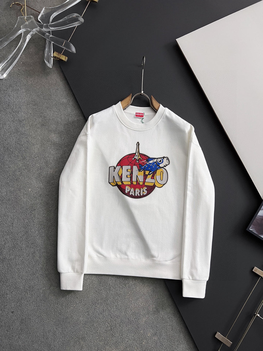 White sweatshirt with multicolor Kenzo Paris graphic on the front chest