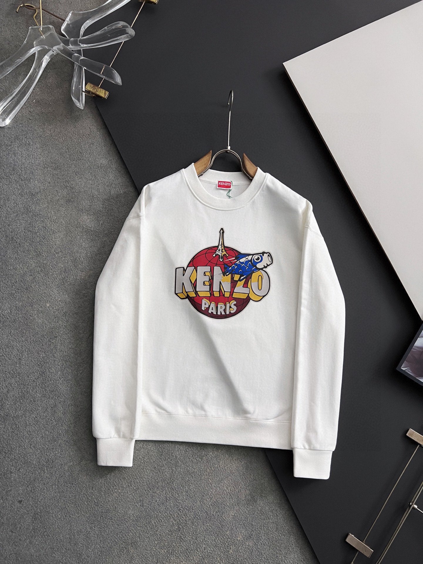 White sweatshirt with multicolor Kenzo Paris graphic on the front chest