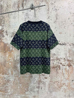 Crewneck short-sleeve shirt with navy and green monogram print, all-over look