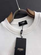 White crewneck sweatshirt with ribbed collar and hanging FENDI label tag