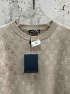 Beige monogram T-shirt with crew neck, short sleeves, and hanging tags