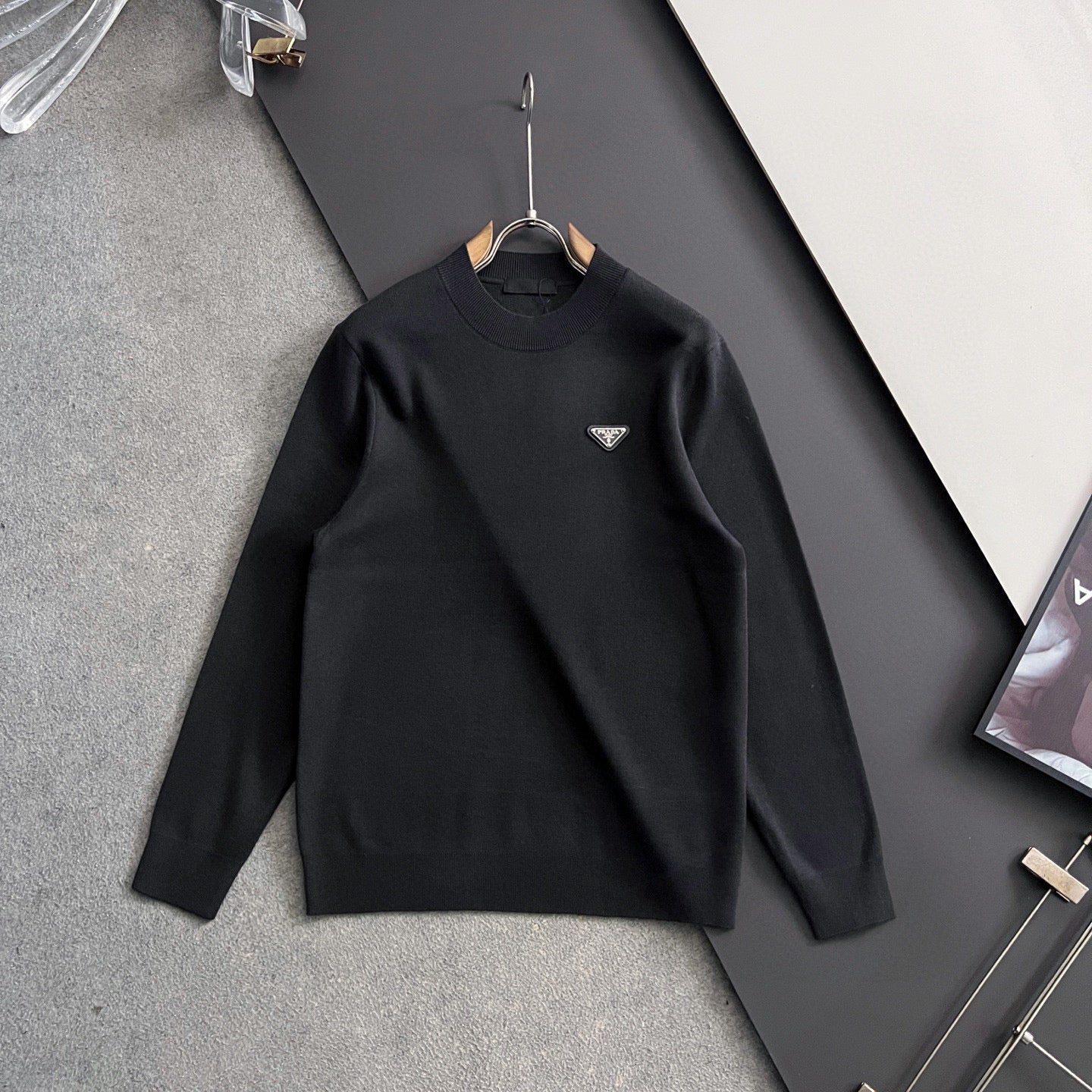 Prada long-sleeve top, black, crew neck, long sleeves and triangle logo badge