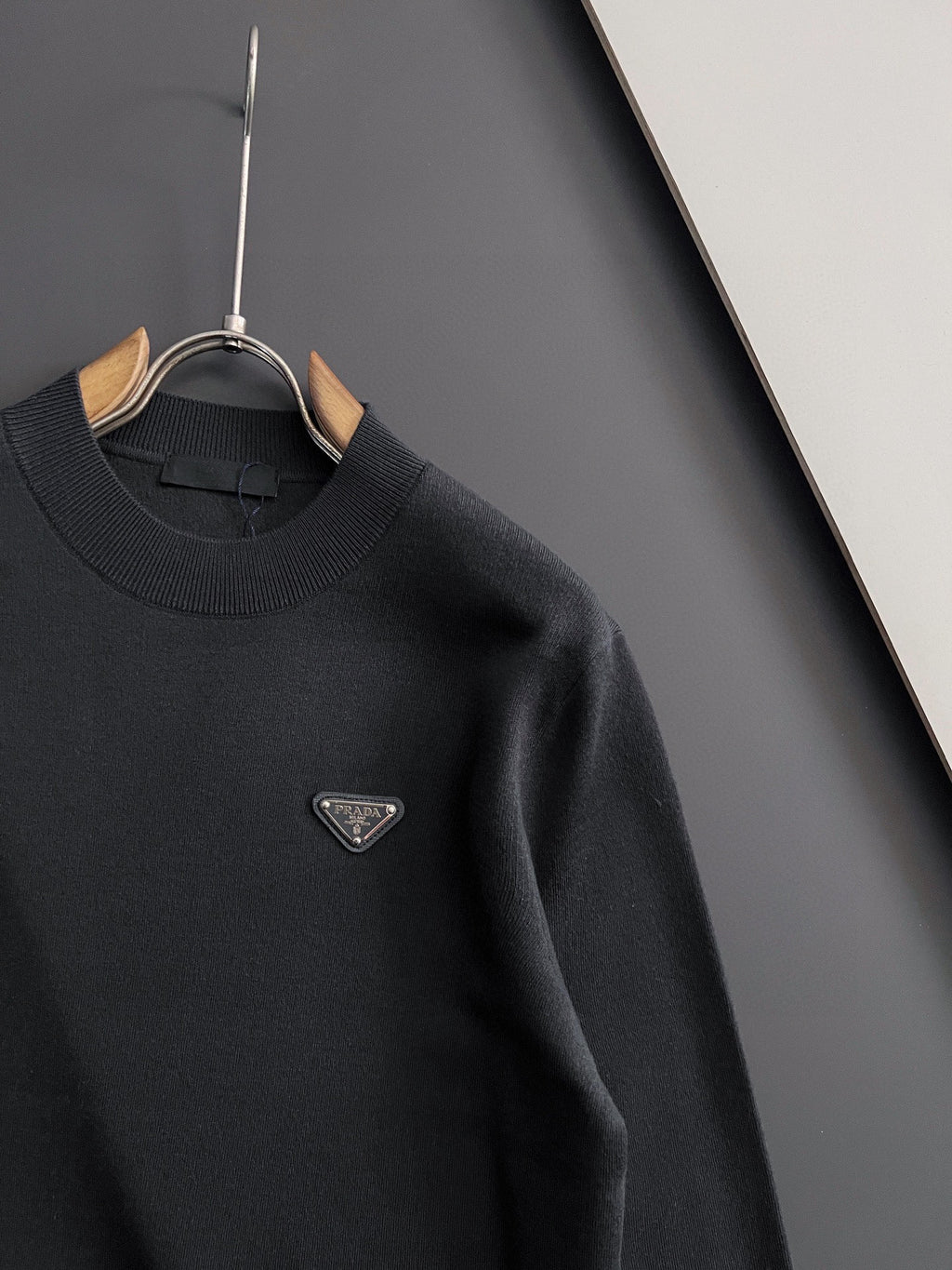 Prada long-sleeve top, black, ribbed crew neck, small triangle chest logo