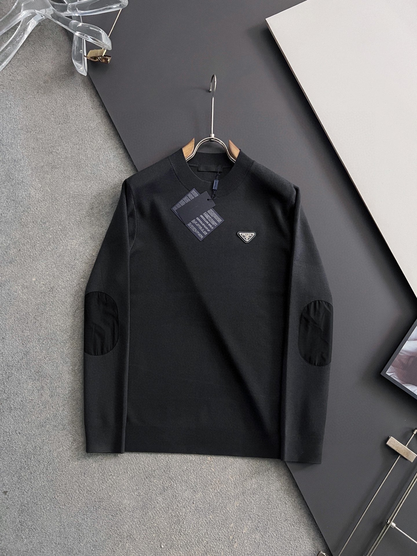 Prada long-sleeve top, black, ribbed crew neck and small triangle logo badge