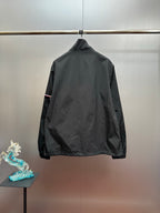 Moncler long jacket, back view, hooded with tri-color stripe detail on sleeve