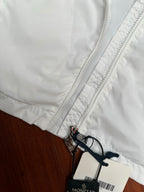 Moncler long white jacket back with zipper, belt cord, and size tag