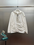 Moncler long white hooded jacket with front zipper