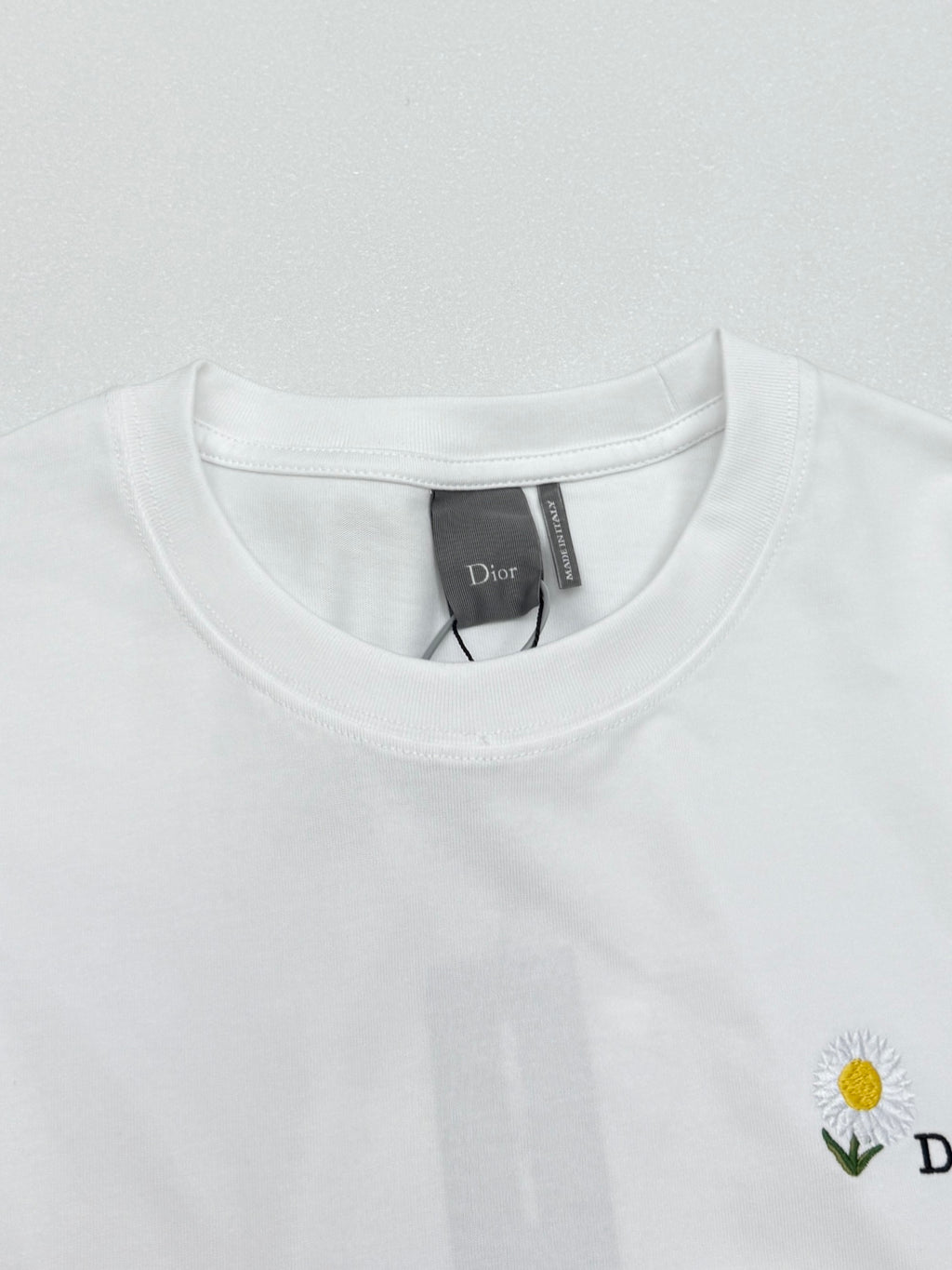 White crewneck T-shirt neckline with Dior label inside collar