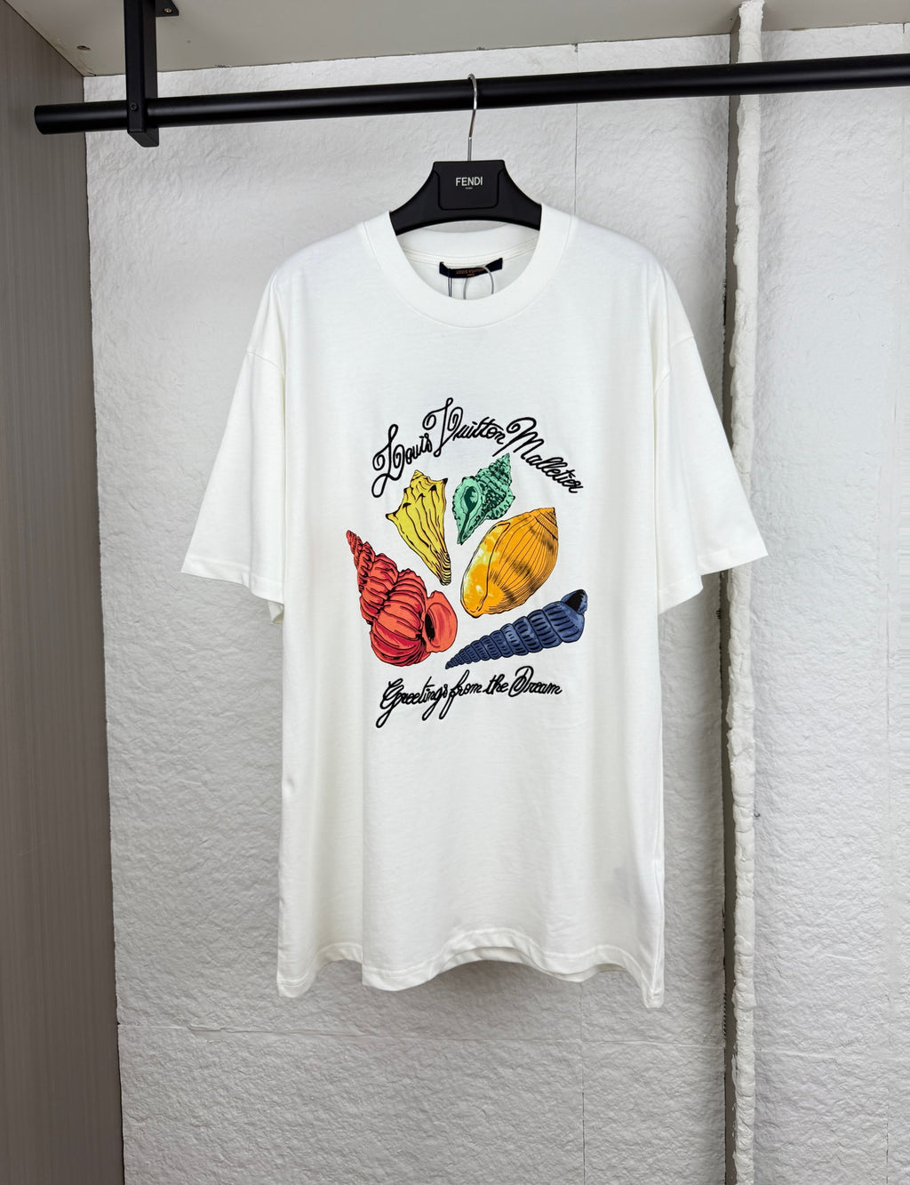 White Louis Vuitton T-shirt with colorful shell graphic on front