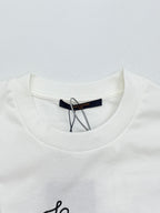 White Louis Vuitton T-shirt neckline with navy brand tag and drawstring