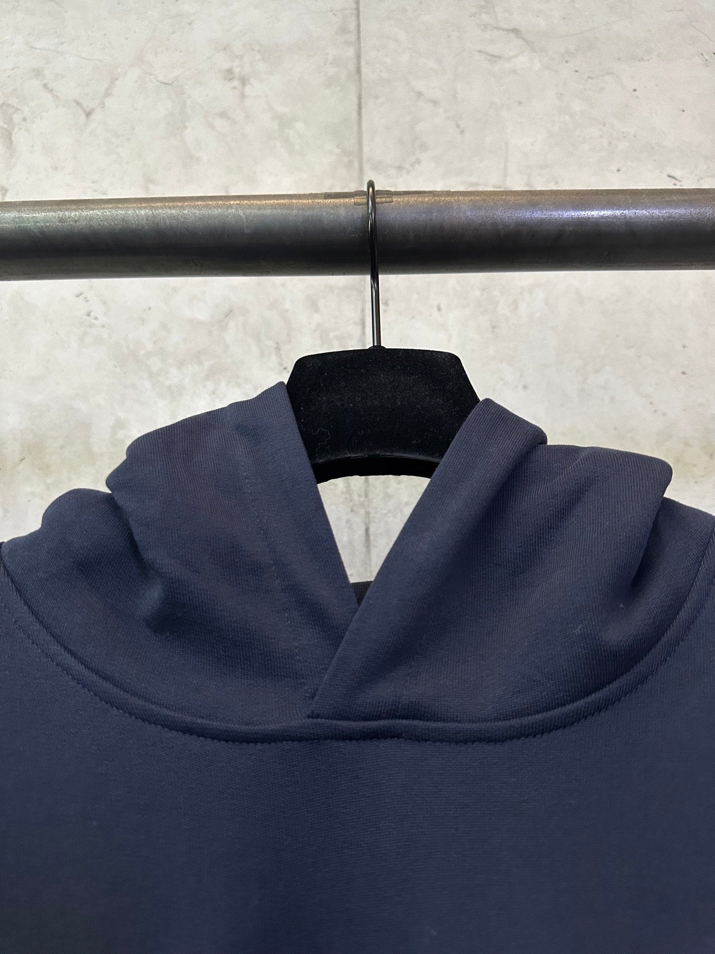 Navy Fendi hoodie neckline with thick hood and soft ribbed collar