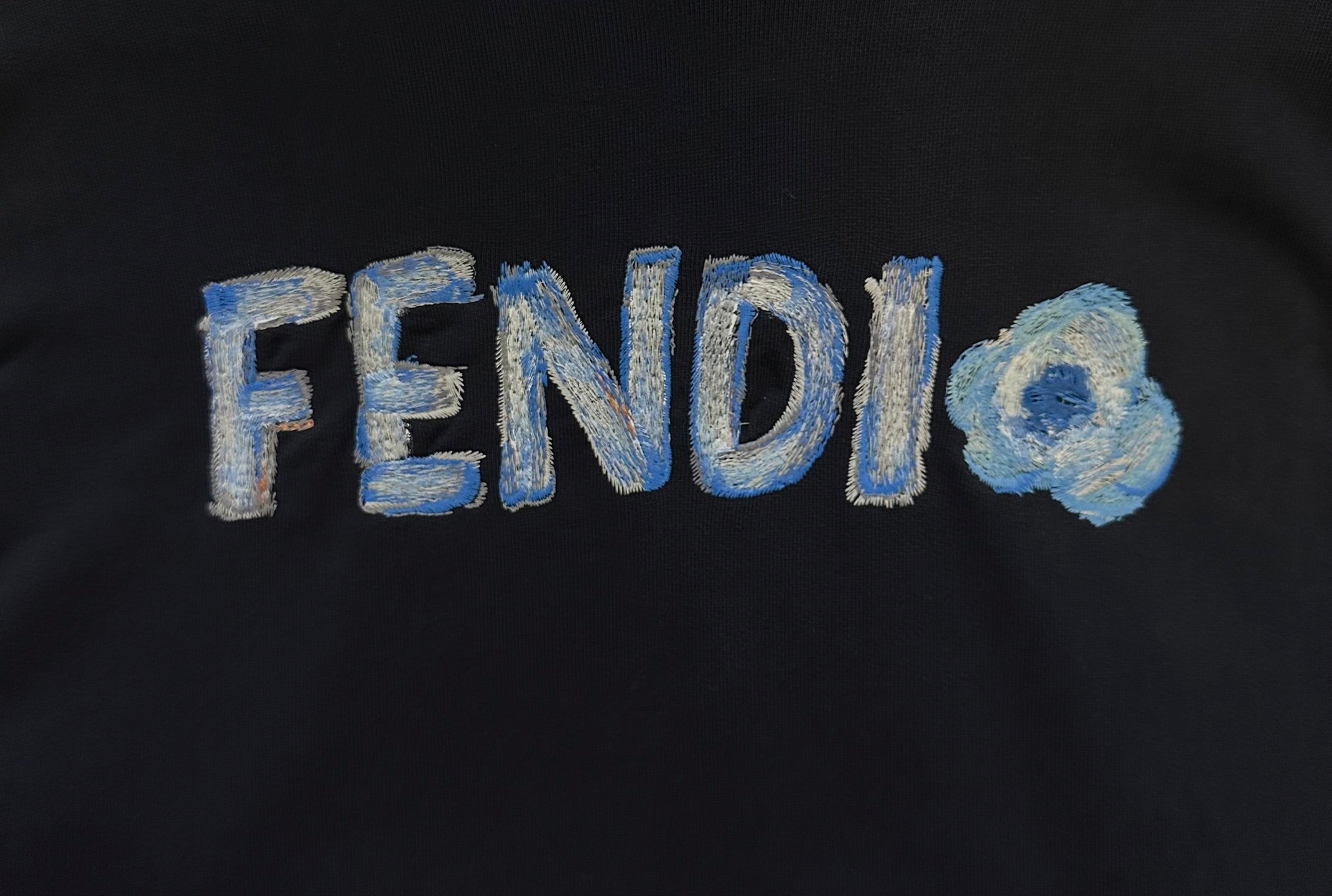 FENDI logo graphic on navy Fendi hoodie, embroidered in blue tones