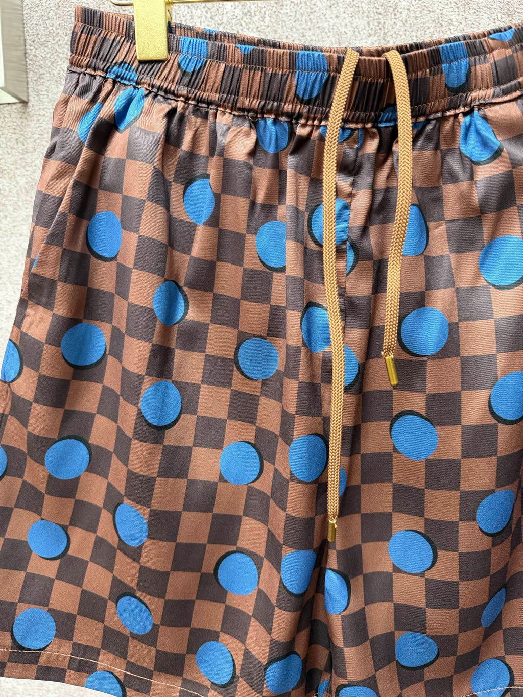 Louis Vuitton blue dot check shorts with drawstring tie and elastic waistband