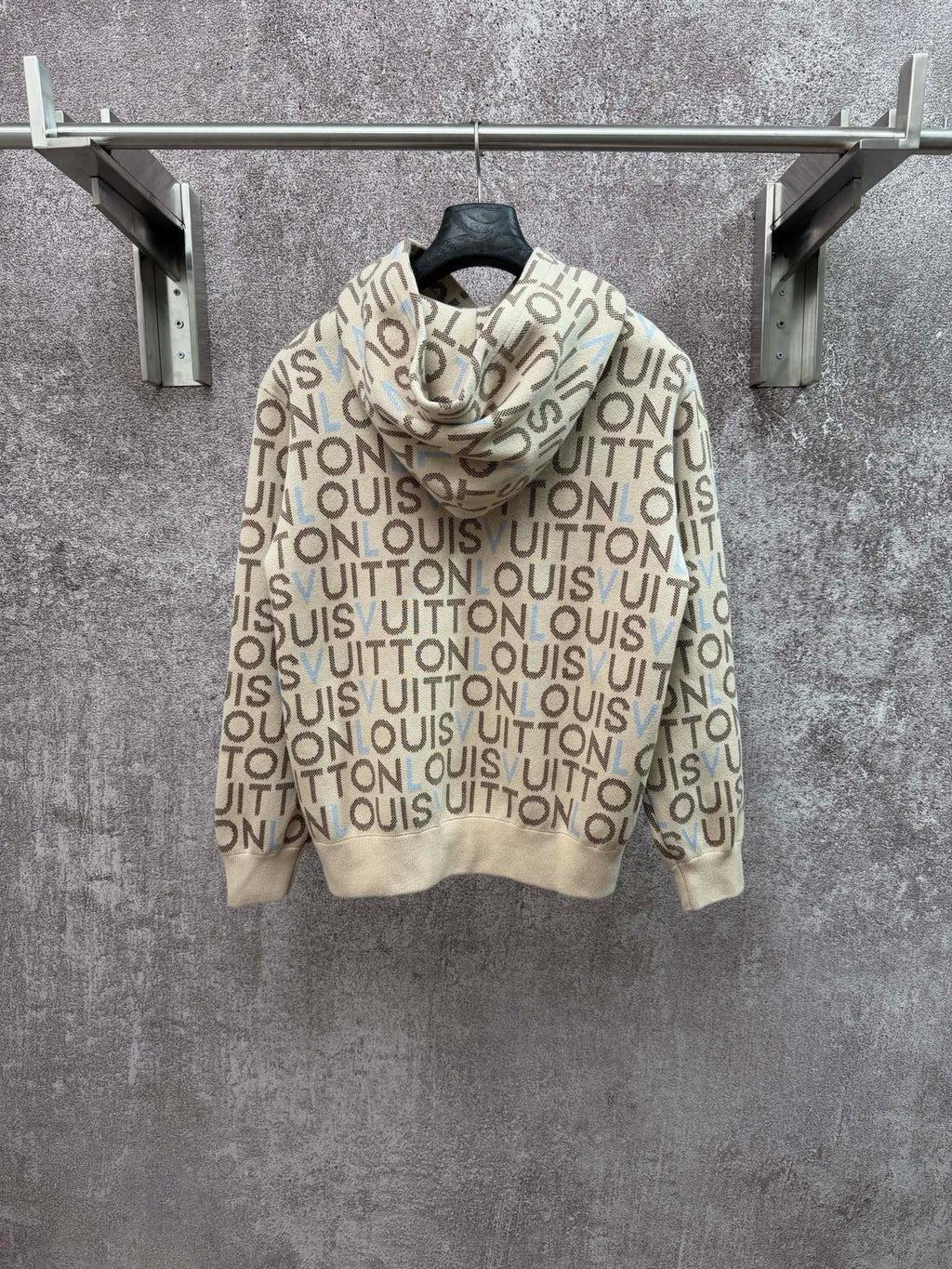 Louis Vuitton monogram zip-up hoodie with drawstring hood, light cream and blue accents