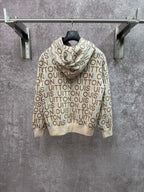 Louis Vuitton monogram zip-up hoodie with drawstring hood, light cream and blue accents