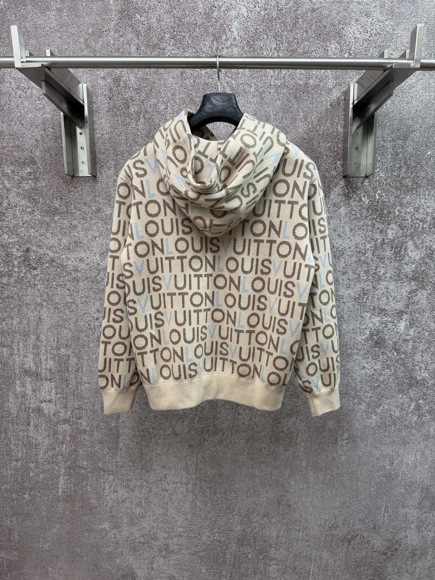 Louis Vuitton monogram zip-up hoodie with drawstring hood, light cream and blue accents