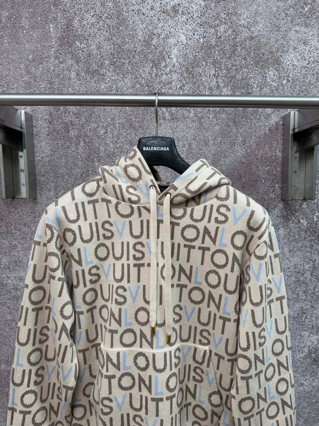 Louis Vuitton monogram zip-up hoodie, front zipper and ribbed cuffs on light cream