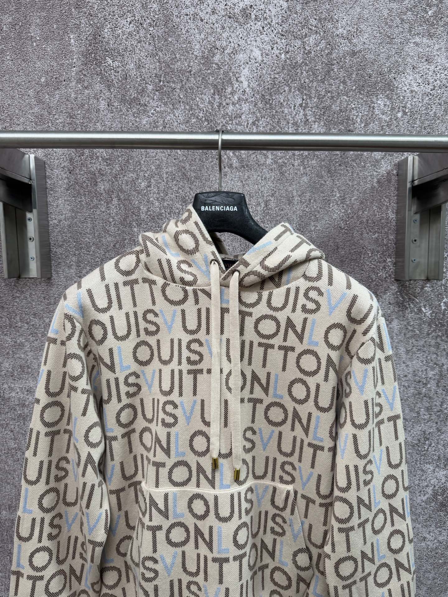 Louis Vuitton monogram zip-up hoodie, front zipper and ribbed cuffs on light cream
