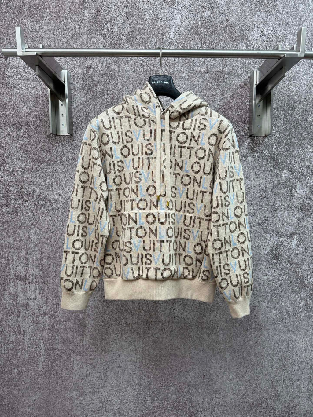 Louis Vuitton monogram zip-up hoodie, light base with black and blue repeat print