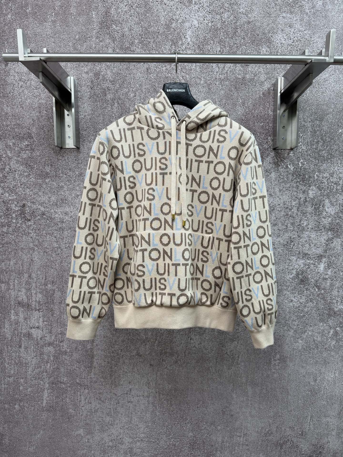 Louis Vuitton monogram zip-up hoodie, light base with black and blue repeat print