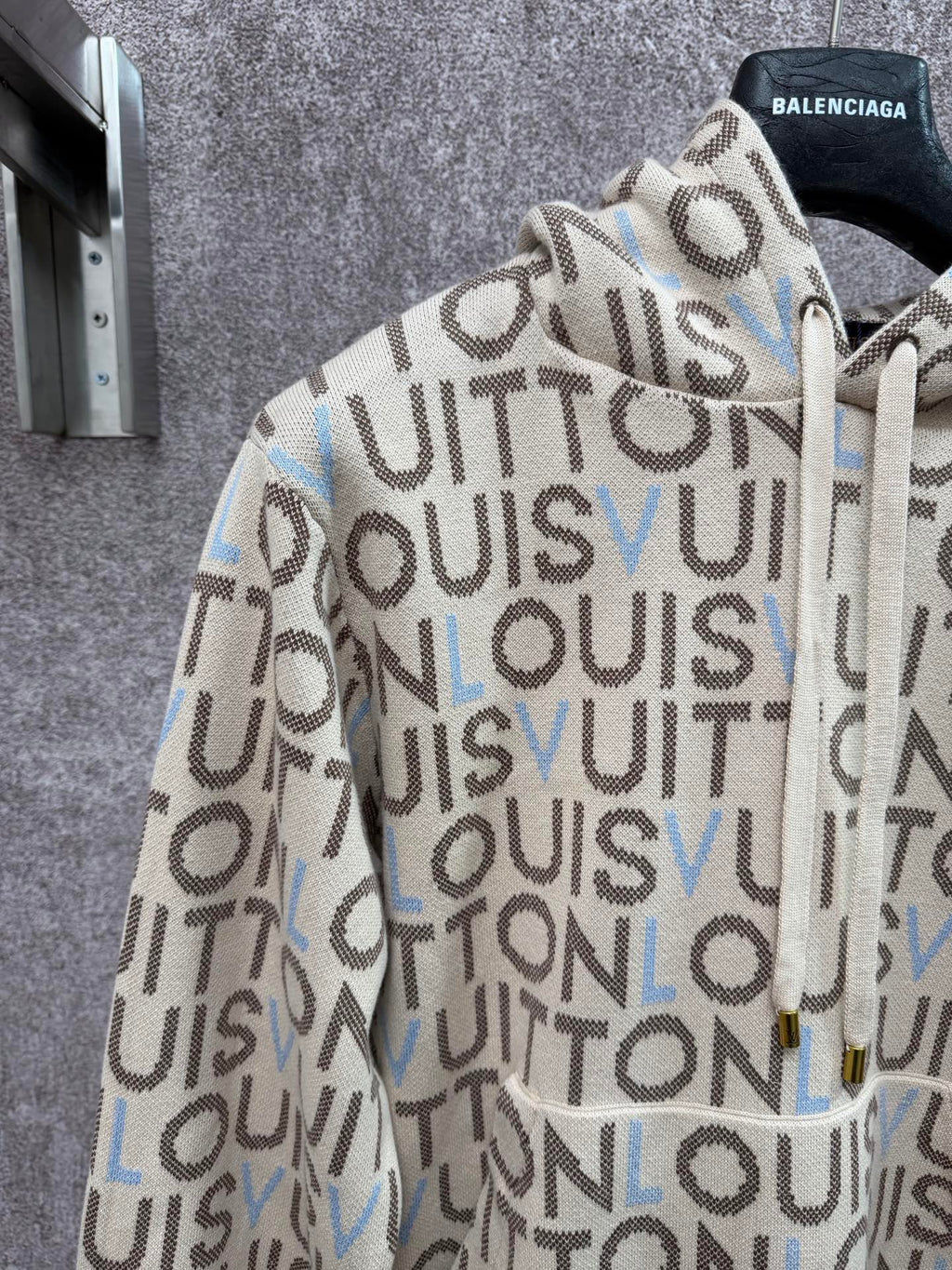 Louis Vuitton monogram zip-up hoodie front, hood with drawstring and light cream base