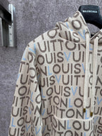Louis Vuitton monogram zip-up hoodie front, hood with drawstring and light cream base