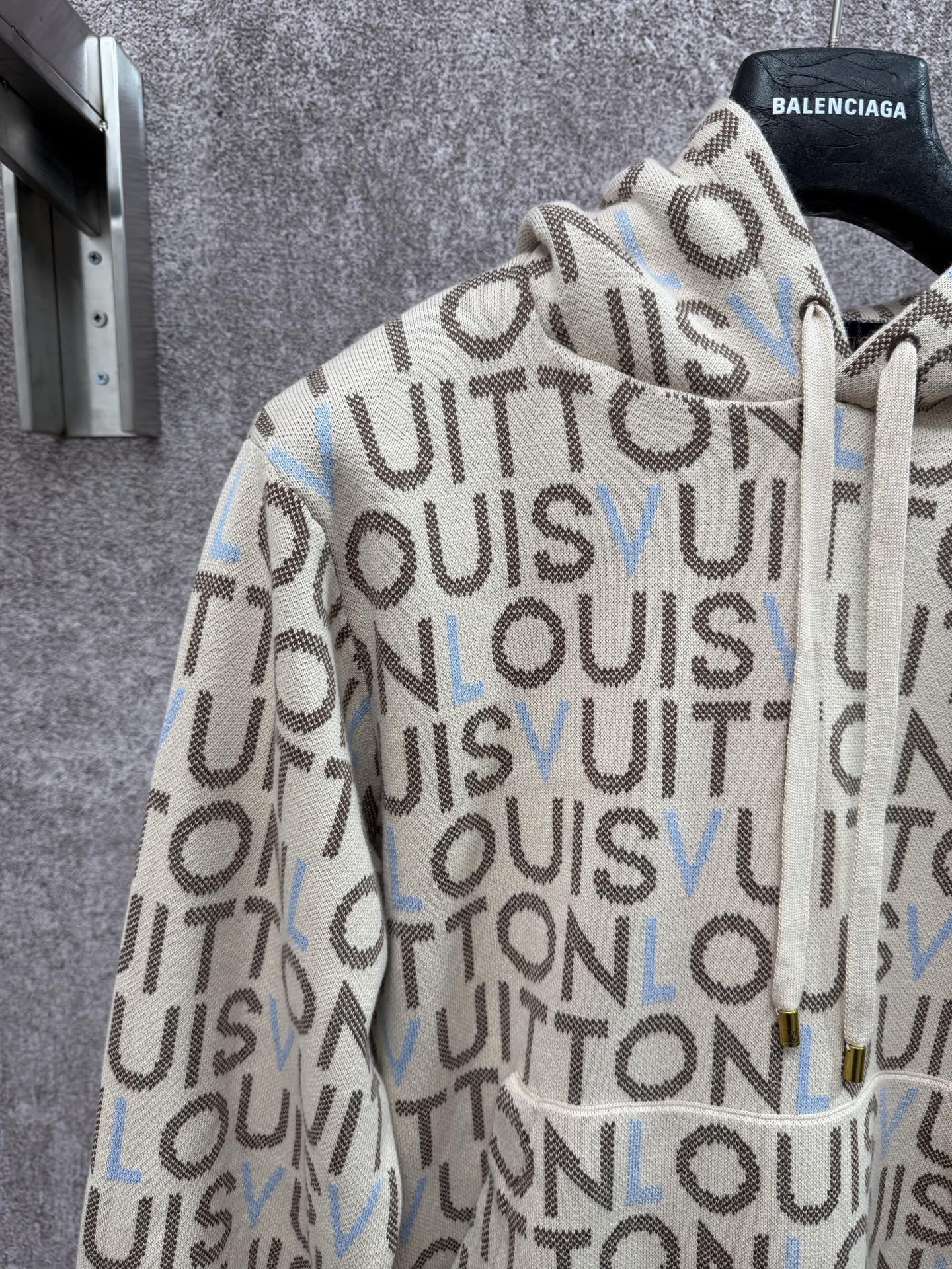 Louis Vuitton monogram zip-up hoodie front, hood with drawstring and light cream base