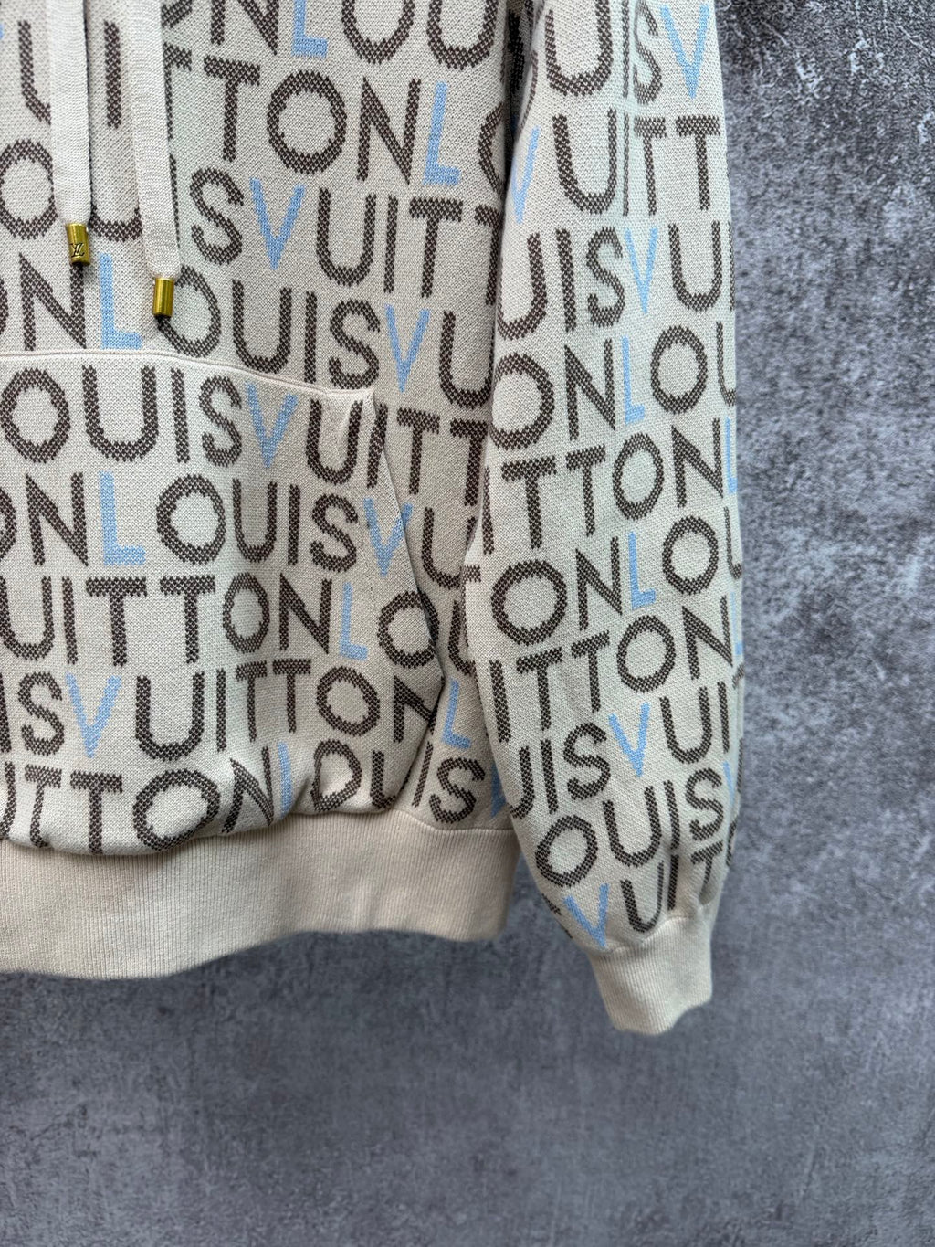 Louis Vuitton monogram zip-up hoodie hem and sleeve, cream ribbed cuffs