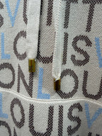 Louis Vuitton monogram hoodie detail, gold-tone pull tab on front drawcord