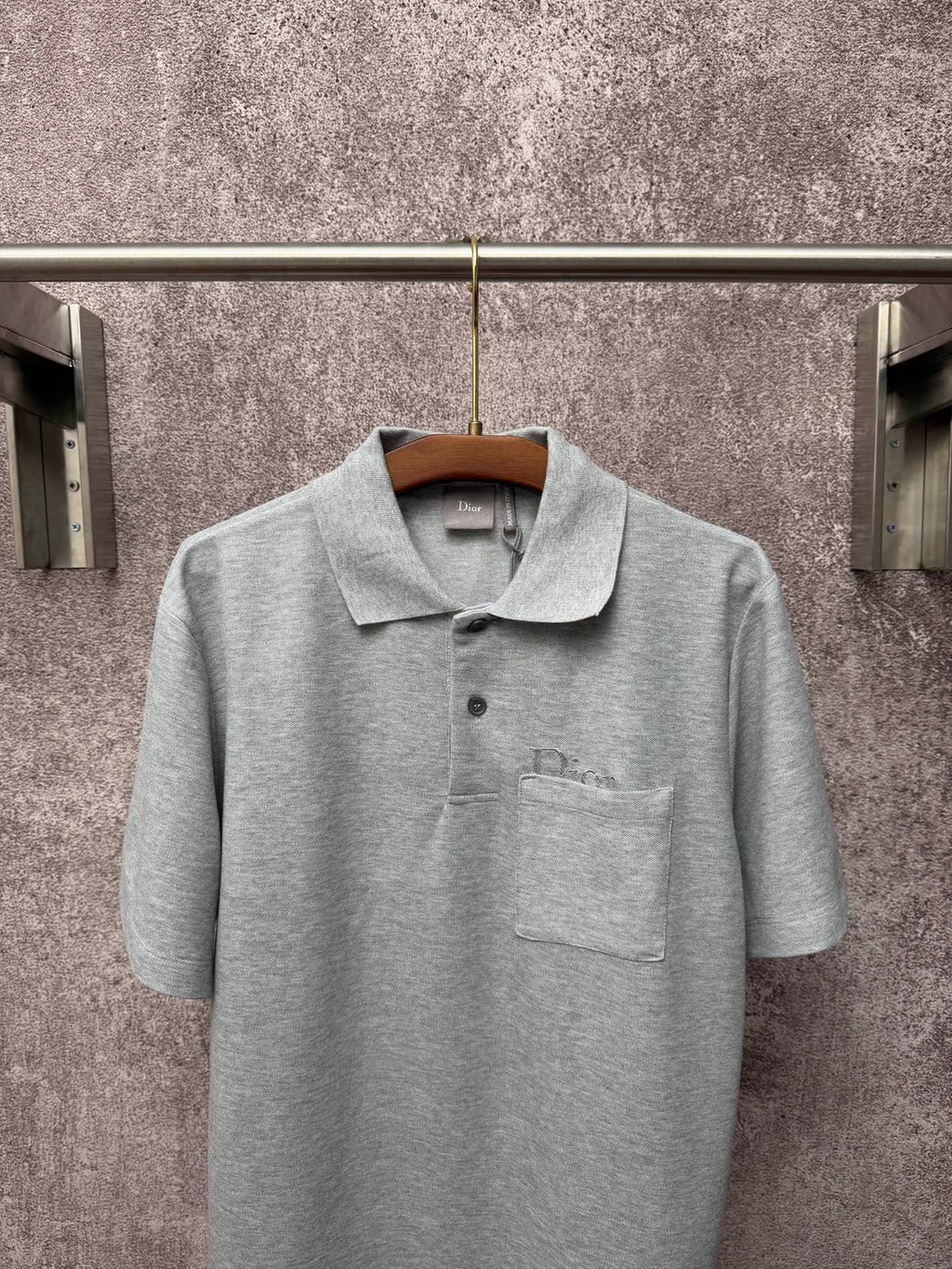 Dior short-sleeve polo shirt front, light gray knit with chest pocket