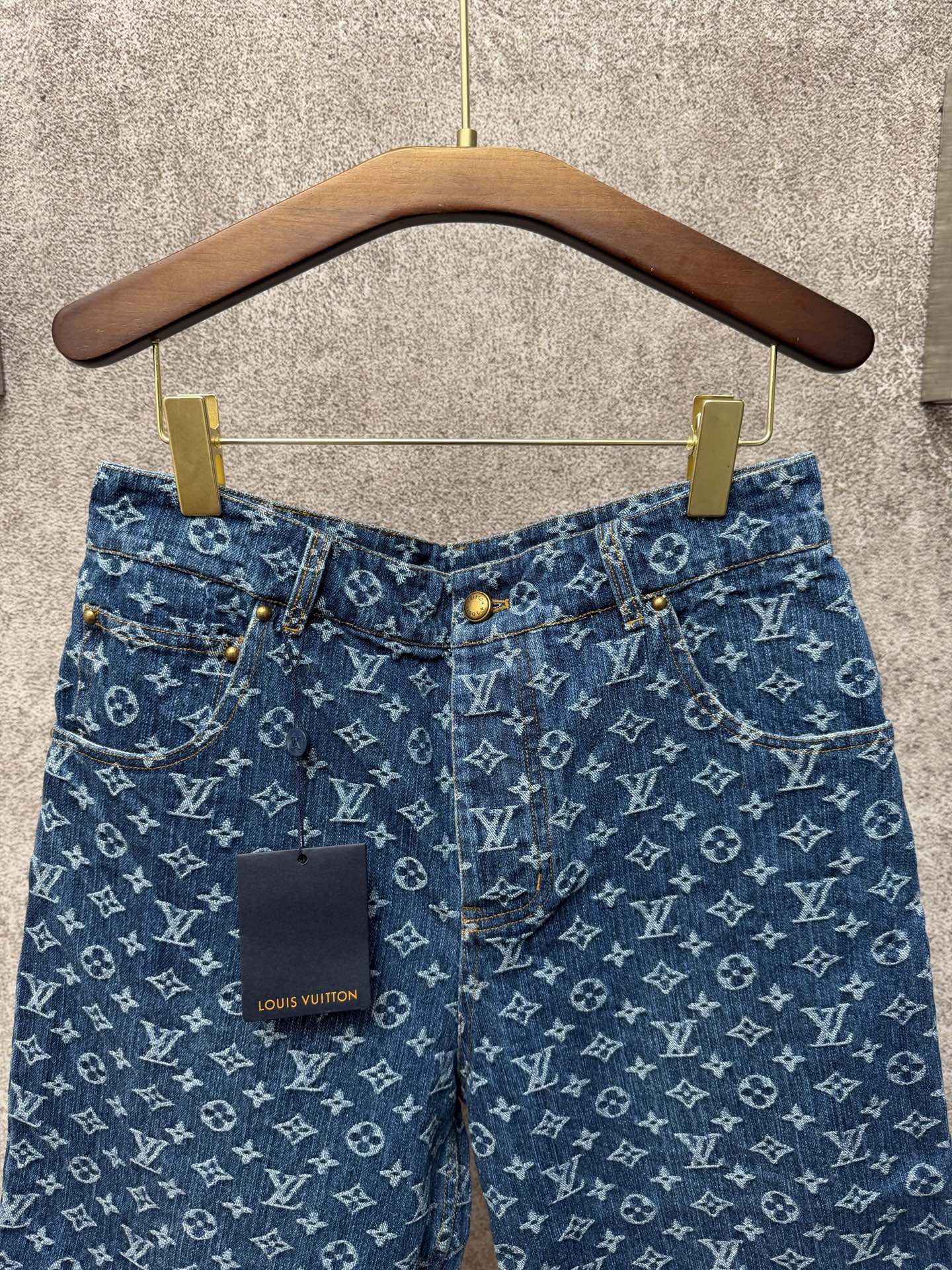 Louis Vuitton monogram denim shorts with waistband and front pocket label