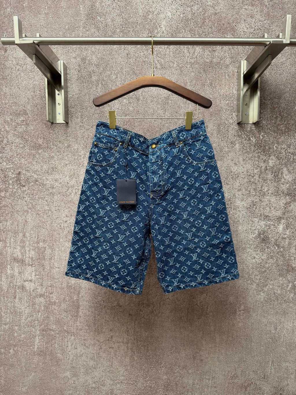 Louis Vuitton monogram denim shorts with button fly and belt loops