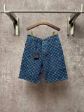 Louis Vuitton monogram denim shorts with button fly and belt loops