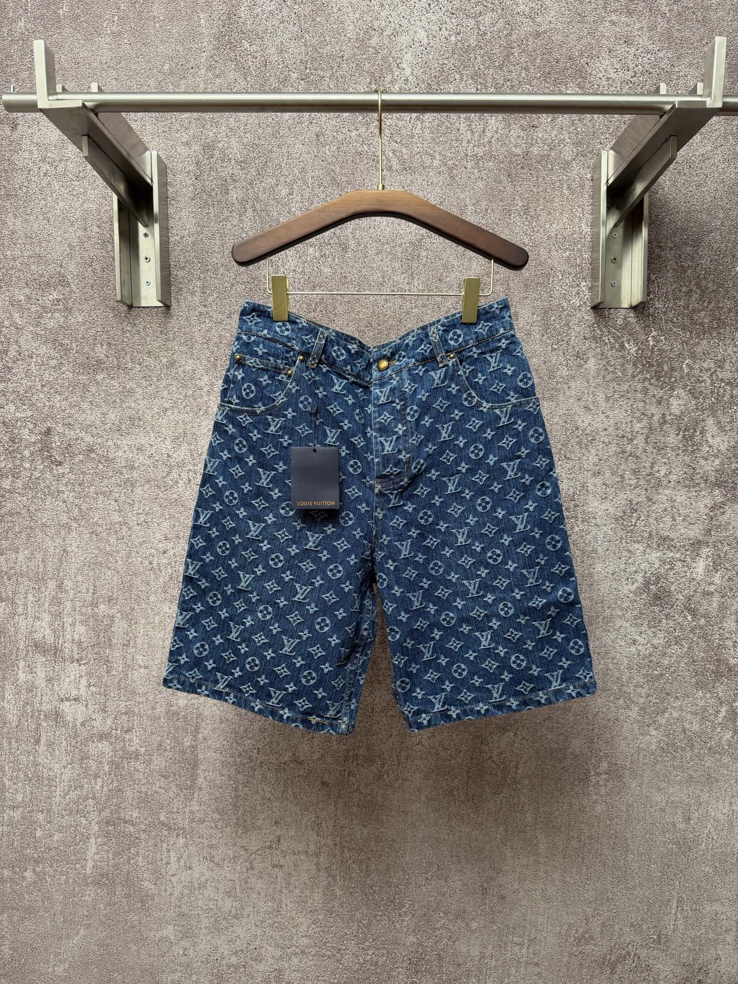 Louis Vuitton monogram denim shorts with button fly and belt loops