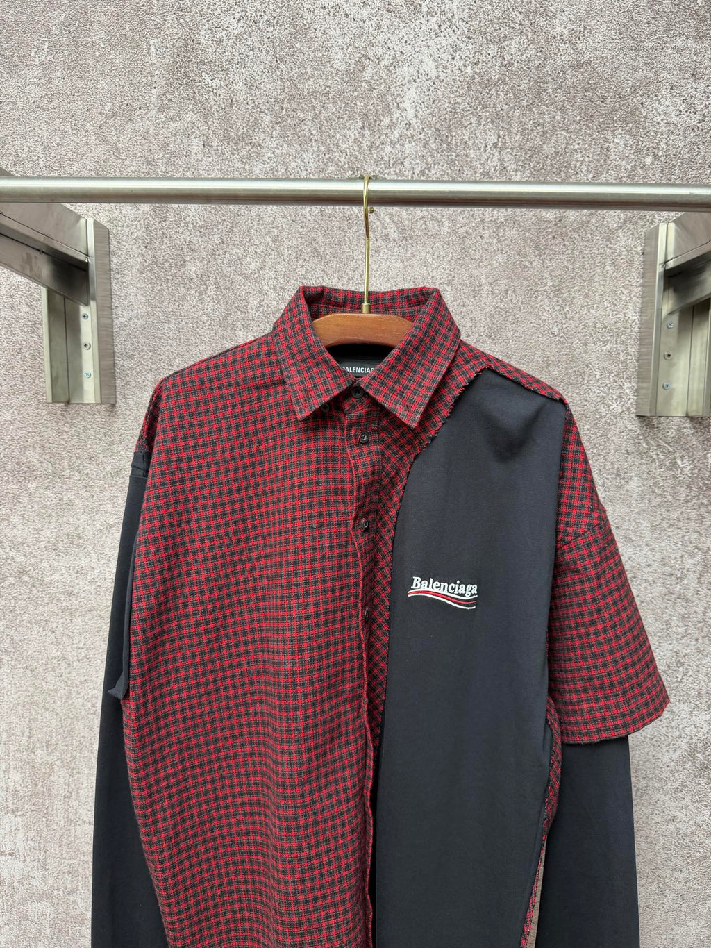 Long shirt with red-and-black check front and dark gray panel, Balenciaga logo
