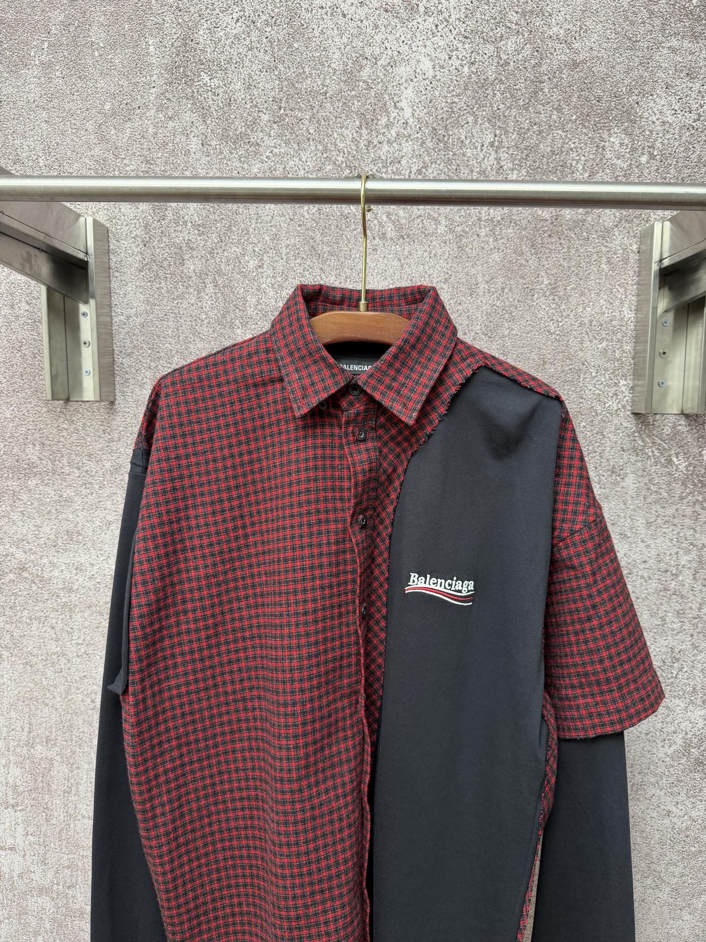Long shirt with red-and-black check front and dark gray panel, Balenciaga logo