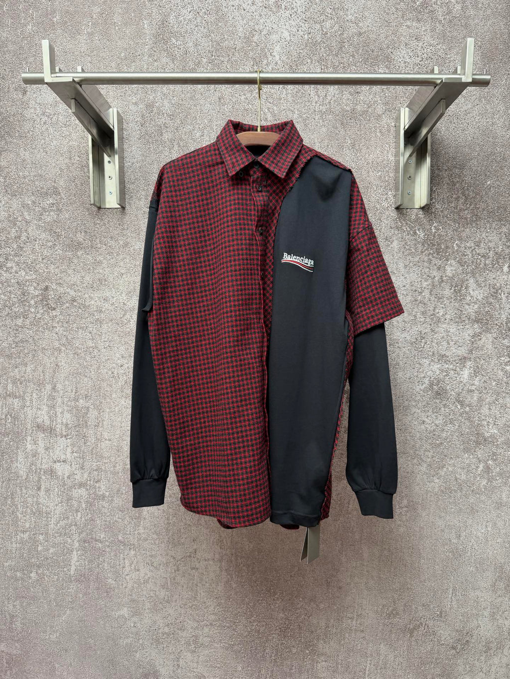 Long shirt with red-and-black check yoke and dark gray button front, long sleeves