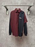 Long shirt with red-and-black check yoke and dark gray button front, long sleeves