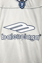 Balenciaga white T-shirt chest logo with blue outline and lettering