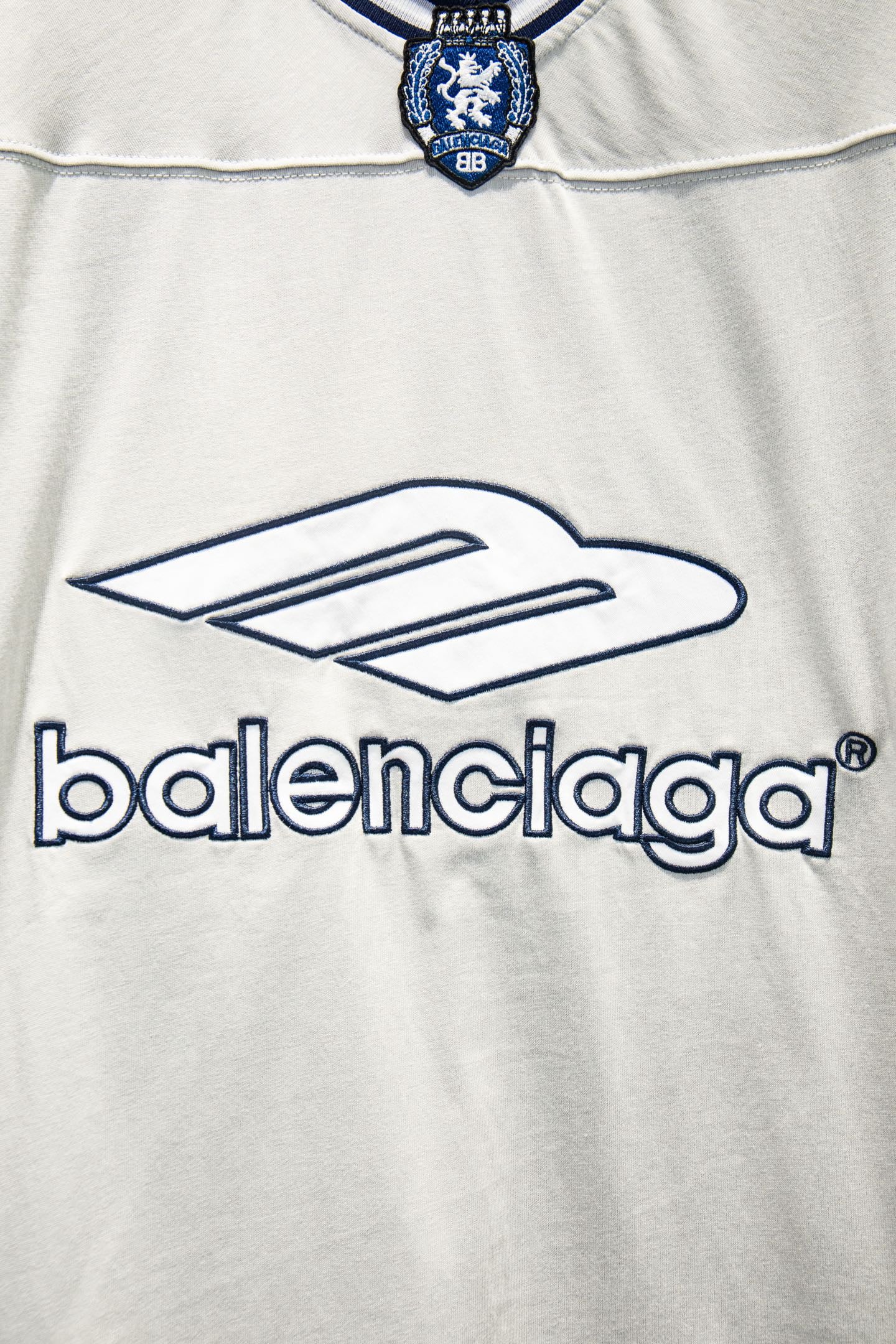 Balenciaga white T-shirt chest logo with blue outline and lettering