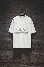 Balenciaga white T-shirt back view with blue-trim collar and logo print