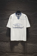 Balenciaga white T-shirt with blue-trim collar and front logo print